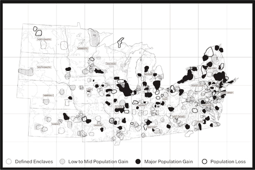 Figure 2b. Muslim settlement within the Belt. Population information is coalesced using three sources: Association of Religion Data Archives (ARDA) in 1980, 1990, 2000, and 2010; Public Religion Research Institute (PPRI) 2020 Census of American Religion; and potential enclaves defined by local establishment of Islamic associations or mosques.