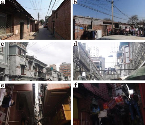 Figure 13. Field investigation photo records and Baidu Street Views of DPISs in 2019. (a) and (b) Wanping city, Beijing. (c) and (d) Shikumen, Shanghai. (e) and (f) South side of Huangpu District, Guangzhou.