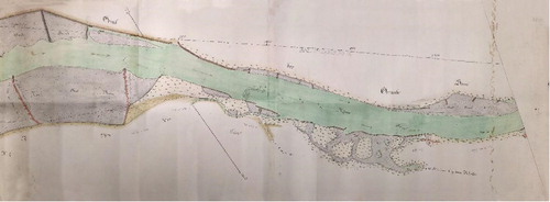 Figure 4. ‘Plan du Rhône entre Bramois et Uvrier’ digitalised with Agisoft Photoscan (CitationBrandolini & Patrucco, 2019). (Courtesy of ©Archives de l’Etat du Valais, AEV, ABS 97/17).