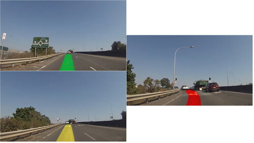 Figure 2. In the top left photo showing the pathway as green, participants were explained: ‘If the car intends to ACCELERATE (maintain speed or go faster), a GREEN pathway will be shown’. In the bottom left photo showing the pathway as yellow, participants were explained: ‘If the car intends to CRUISE (neither accelerate nor brake), a YELLOW pathway will be shown’. In the right-hand photo where the pathway is shown as red. Participants were explained: ‘If the car intends to brake (slow down and/or stop), a red pathway will be shown’.