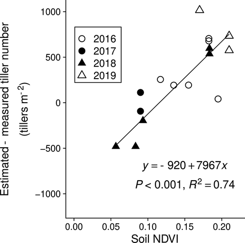 Figure 7. Relationship between estimated and measured tiller numbers and normalized difference vegetation index (NDVI) of bare soil. The solid line indicates the linear regression line