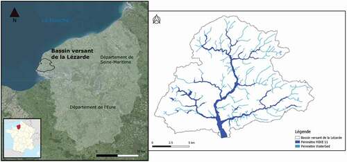 Figure 1. (Gauche) Carte de localisation du bassin versant de la Lézarde (Seine-Maritime, France) ; (Droite) Axes de ruissellement et emprise de modélisation des modèles MIKE et WaterSed.