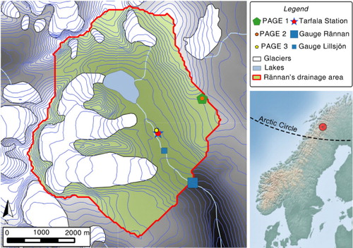 Fig. 1 Overview map of the Tarfala valley, indicating the location of the Tarfala Research Station (red star), the position of gauges along the Tarfala stream (blue squares) and the three PACE boreholes (pentagons). The topographical catchment boundary is marked by the red line. Elevation difference between isolines is 50 m.