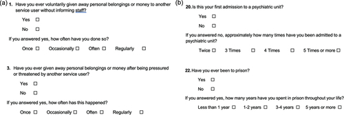 Figure 1. Example questions concerning engagement in voluntary trading behaviour and engagement in coercive trading behaviour (left; 1a) and admission-related/forensic history information (right; 1b).