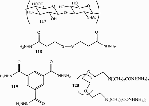 Figure 16: 117, Hyaluronic acid; 118, 3,3′‐dithiobis(propanoic dihydrazide); 119, 1,3,5‐benzene(tricarboxylic trihydrazide); 120, poly(ethylen glycol)‐diamine tetrapropanoic tetrahydrazide.