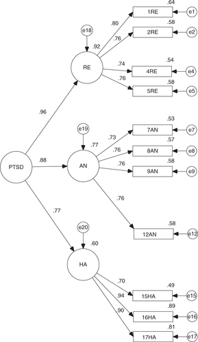 Fig. 5 Standardized version of CFA for new DTS-SF second order model.