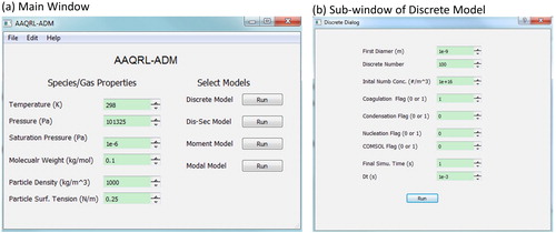 Figure 3. Graphical User Interface (GUI) of AAQRL-ADM (https://github.com/AAQRL/aerosol_dynamic_models; DOI: 10.5281/zenodo.3571284) software. (a) Main window; (b) Discrete model window.