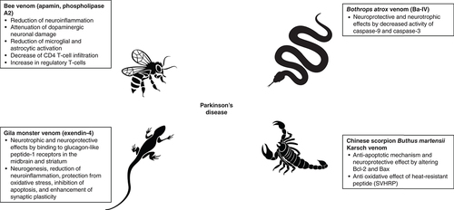 Figure 1. Proposed mechanisms of bee, lizard, scorpion and snake venoms as potential treatments for Parkinson’s disease.