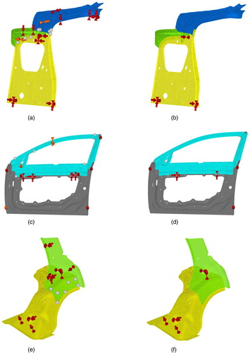 Figure 6. Models of sample cases in RD&T program. (a) Locating scheme of the first sample case before welding, (b) locating scheme of the first sample case for measurements, (c) locating scheme of the second sample case before welding, (d) locating scheme of the second sample case for measurements, (e) locating scheme of the third sample case before welding and (f) locating scheme of the third sample case for measurements.