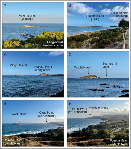Figure 3. Photos of islands off the southeast coast of Fleurieu Peninsula (A–E) and one (F) showing the coastal route taken by Ngurunderi and his wives from Rosetta Head to Newland Head (all photos by Patrick Nunn).