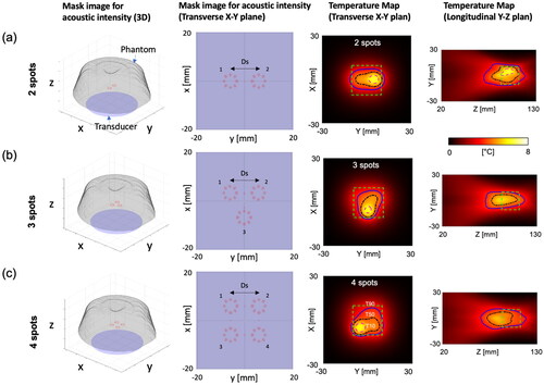 Figure 4. Three different heating patterns and the corresponding temperature distributions for (a) 2, (b) 3, and (c) 4 spots with the distance Ds= 12 mm, sonication time Ts =19 s, and transducer movement time Tmov =12 s. The mask image is generated based on an intensity exceeding 70% of the normalized acoustic intensity. The vortex beam mode 4 is utilized to sonicate each spot, creating multiple foci for large-volume heating. At the end of the thermal simulation, the temperature distributions within the phantom, featuring a simulated perfusion of 3 kg/m3/s, are presented on the X-Y plane and Y-Z plane. The magenta, black, and blue solid lines represent T10, T50, and T90 values, respectively. The green dashed box indicates the ROI to measure T10, T50, and T90 values.