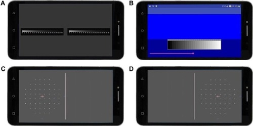 Figure 5 Mobile device display adjustments and points to be tested. (A) gamma correction, (B) brightness adjustment, (C) left eye points, and (D) right eye points.