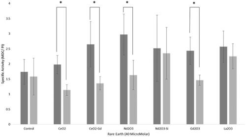 Figure 6 Autophagy assay. Rare earth elements were incubated with either Mo59K cells (light grey bars) or U-87 MG cells (dark grey bars). Cells were incubated with 40 μM nanoparticles for 16 h, and irradiated with either 0 Gy or 3 Gy. Cells were then plated and colonies counted. Data shows the average ± standard deviation, of triplicate experiments. Statistical data is shown as * p < .05, ** p < .01, *** p < .005.