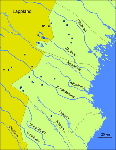 Figure 11. Map showing lakes with Sámi names, or first elements in Sámi, used by coastal fishermen from the Piteå and Skellefteå parishes (Pellijeff Citation1988, 72, 85–87; Berggren Citation1995, 67; Lundström Citation2004, 54–61; Korhonen Citation2009, 205–234).