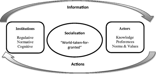 Figure 1. Actors and institutions in disability organisations: a dialectical approach. The model was inspired by Hodgson (Citation1998).