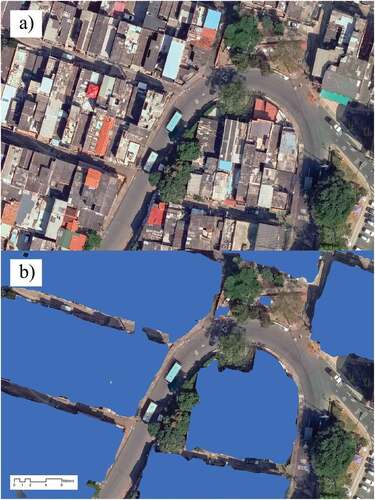 Figure 3. A subset of an orthotile: a) with buildings and b) without building footprints.