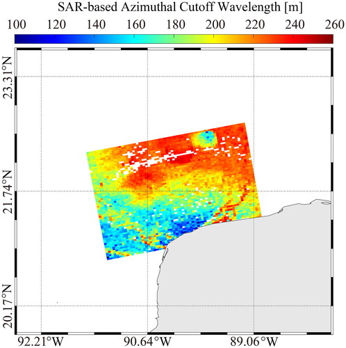 Figure 5. SAR-based azimuthal cutoff wavelengths derived from VV-polarized S-1 image during TC Delta at 00:07 UTC on October 8, 2020.