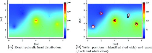 Figure 3. Identified hydraulic head distribution and wells’ positions for the rectangular example.