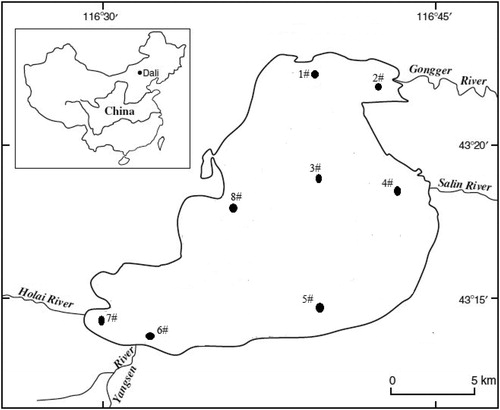 Figure 1. Map of Dali Nur Lake indicating the sampling sites and location of the lake within China.