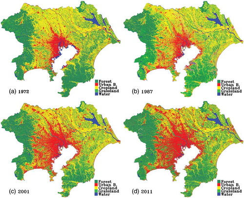 Figure 3. Time series of the land use and land cover maps of the southern part of the Kanto District for (A) 1972, (B) 1987, (C) 2001, and (D) 2011.