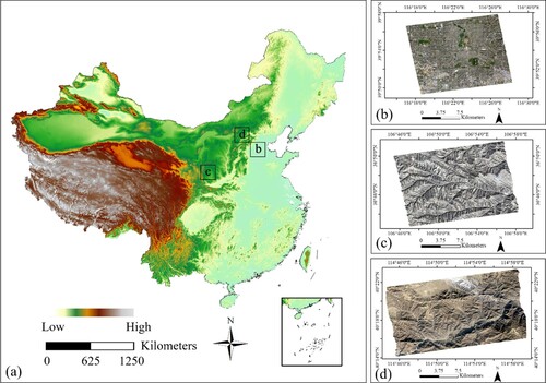 Figure 4. The study areas with three types of terrain conditions. (a) A DEM map of China, (b) the Beijing Downtown in plain areas, (c) Pingliang in hilly areas, and (d) Zhangjiakou in mountainous areas. The base map of (b-d) is the true color composite of Landsat-8 OLI images.