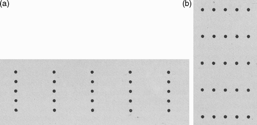 Figure 1. Dot lattices, reproduced from Wertheimer Citation(1923), demonstrating grouping by proximity. Columns (left) or rows (right) are evident, but they are not familiar, meaningful, named things.