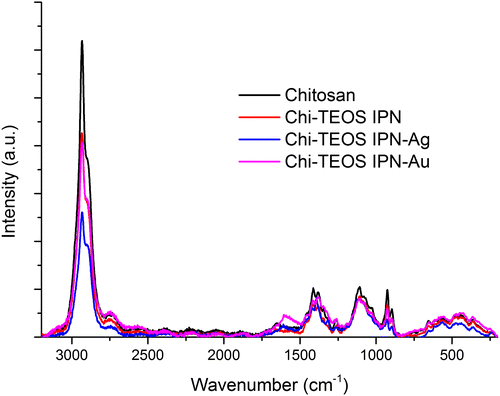 Figure 4. Raman spectra of chitosan samples before and after cross-linking with siloxane polymer network and metal NPs.