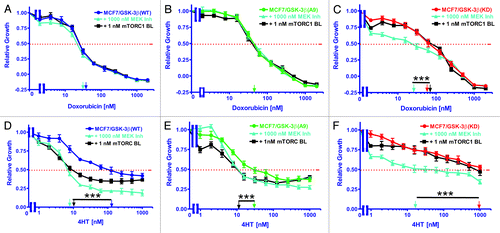 Figure 4. Effects of co-treatment with doxorubicin, 4HT and either a mTORC1 blocker or a MEK inhibitor on drug sensitivity. The effects of a mTORC blocker or a MEK inhibitor on the sensitivity of MCF-7/GSK-3β(WT), MCF-7/GSK-3β(A9), or MCF-7/GSK-3β(KD) cells to doxorubicin or 4HT were examined by MTT analysis after incubation of the cells in the indicated concentrations of the drugs. Symbols: (A and D) MCF-7/GSK-3β(WT), dark blue lines with solid circles, MCF-7/GSK-3β(WT) with 1000 nM MEK inhibitor in light blue lines with upward triangles, MCF-7/GSK-3β(WT) with 1000 1nM mTORC1 inhibitor in black lines with squares. (B and E) MCF-7/GSK-3β(A9), green lines with solid triangles, MCF-7/GSK-3β(A9) with 1000 nM MEK inhibitor in light blue lines with upward triangles, MCF-7/GSK-3β(A9) with 1000 1nM mTORC1 inhibitor in black lines with squares. (C and F) MCF-7/GSK-3β(KD), red lines with solid squares. MCF-7/GSK-3β(KD) with 1000 nM MEK inhibitor in light blue lines with upward triangles, MCF-7/GSK-3β(KD) with 1000 1nM mTORC1 inhibitor in black lines with squares. The arrows represents where 50% inhibition of growth intercepts with the x-axis and is used to estimate the IC50. The single treatment for each cell line are the same as those presented in Figure 3, as all the experiments in Figures 2 and 4 were performed over the same time period, together. The effects of adding a constant dose of either 1 nM mTORC1 blocker (mTORC BL = rapamycin) or 1000 nM MEK inhibitor (ARRY 509) on the doxorubicin IC50s were examined in (A) MCF-7/GSK-3β(WT), (B) MCF-7/GSK-3β(A9), and (C) MCF-7/GSK-3β(KD) cells. (D, E, and F) The effects of adding a constant dose of either 1 nM mTORC1 blocker (mTORC BL = rapamycin) or 1000 nM MEK inhibitor (ARRY 509) on the 4HT IC50s were examined in (D) MCF-7/GSK-3β(WT), (E) MCF-7/GSK-3β(A9), and (F) MCF-7/GSK-3β(KD) cells. The statistical significance was determined by the unpaired t test. Comparisons determined to be significant are indicated with (***). The P value between the difference between doxorubicin and doxorubicin and MEK inhibitor treated MCF-7/GSK-3β(KD) cells (C) was less than 0.0001. The P value between the difference between 4HT and 4HT and either MEK inhibitor or rapamycin treated MCF-7/GSK-3β(WT) cells (D) was less than 0.0001. The P value between the difference between 4HT and 4HT and either MEK inhibitor or rapamycin treated MCF-7/GSK-3β(A9) cells (E) was less than 0.0001. The P value between the difference between 4HT and 4HT and MEK inhibitor treated MCF-7/GSK-3β(KD) cells (F) was less than 0.0001.