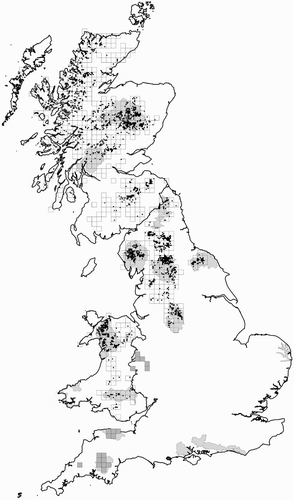 Figure 1. The Ring Ouzel breeding range, as defined for the 2012 survey. The 10-km square breeding range in N England, Scotland and Wales, for the stratified random sample, is shown by the unfilled squares, and the 10-km squares in SW England and Shropshire are shaded dark grey; survey coverage here targeted known or recently occupied sites. The Stratum 1 tetrads in N England, Scotland and Wales are shown as black filled squares. The National Parks in Britain are shown as grey-shaded areas.