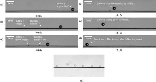 Figure 13. Bubble leaping when giant bubble chasing small bubble: (a-f) Bubble leaping with time (g) superimposed snapshots of the bubble motion and leaping from (a-f).