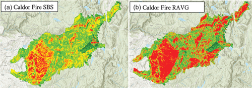 Figure 2. Comparison of SBS with the remotely sensed Rapid Assessment of Vegetation Condition After Wildfire (RAVG) product for Caldor Fire (California, 2021).