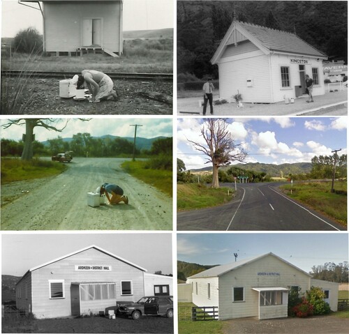 Figure 2. Examples of Primary Gravity Network stations. Top left; P. Whitla at Te Wharau (F6CB) in 1978 (photo from C. Whiteford), by 2020 all buildings and the railway line had been removed: top right; Kingston (EQW7) in 1978 can still be located in 2020: middle left; P. Whitla at Rangiahua (EQMV) in 1978 (photo from C. Whiteford) and the site in 2019 at middle right (photo from Google Street View): Bottom left; gravity meter at Ardkeen (EQQR) in 1977 and the site in 2019 at bottom right (photo from Google Street View).