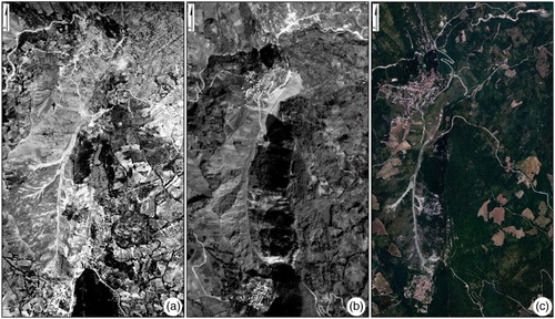 Figure 3. Aerial photos of the Montebello sul Sangro landslide: (a) 1:33,000 scale aerial photos (CitationIGMI, 1954); (b) 1:33,000 scale aerial photos (CasMez, CitationAbruzzo Region, 1974); (c) 1:5000 scale aerial photos and orthophotos (CitationAbruzzo Region, 2009).
