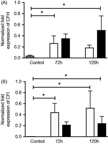 Figure 10. Real-time quantitative PCR analysis of the alternative pathway regulators (A) complement factor H (CFH) and (B) complement factor I (CFI): normalized Ct values in young control ARPE cells (dashed bars), post-confluent cultured ARPE cells (white bars), and post-confluent co-cultured ARPE cells (black bars). After 3 days, there was a significant increase in CFH mRNA expression in the post-confluent ARPE cells as compared to the young cultured ARPE cells. After 5 days, the co-cultured ARPE cells showed an increase in CFH mRNA expression when compared to the control cells. CFI was significantly increased in post-confluent ARPE cells cultured for an additional 3 or 5 days when compared to the young control ARPE. The amount of CFI mRNA in co-cultured ARPE cells was significantly increased after 5 days in culture when compared to the control values. Data are expressed as means ± SEM; *P < 0.05; n = 4).