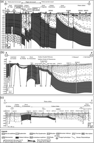 Fig. 2 Coupes hydrogéologiques synthétiques (a) A–A′, (b) B–B′ et (c) C–C′ à travers la partie septentrionale du bassin de la Jeffara entre El Hamma et Gabès.