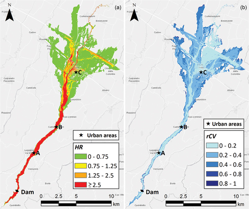 Figure 5. Probabilistic flood hazard maps: (a) probability-weighted average of flood hazard index HR (colours refer to the four hazard levels defined by the Department for Environment, Food and Rural Affairs Citation2006); (b) relative coefficient of variation rCV of the flood hazard index, which provides a measure of the uncertainty in the average flood hazard estimation. Stars indicate the main urban areas potentially exposed to flooding.