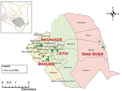 Figure 1. Distribution of sampled households (HH) in Tana River, Makueni, Machakos and Kitui Counties of Kenya