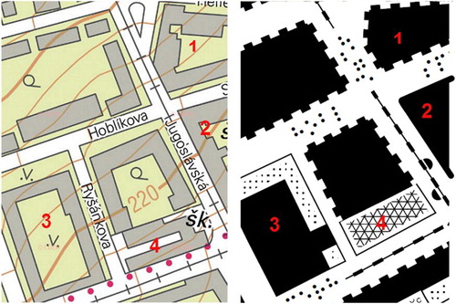 Figure 6. Reclassification of buildings. 1, suburban housing; 2, urban housing; 3, building in green area and 4, other built-up area.