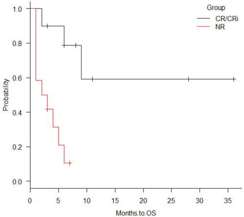 Figure 2 The one-year overall survival rate of 10 CR/CRi patients was 59.1%, and the 12 NR patients was 10.4%, and there were statistical differences between the two groups (P=0.001).