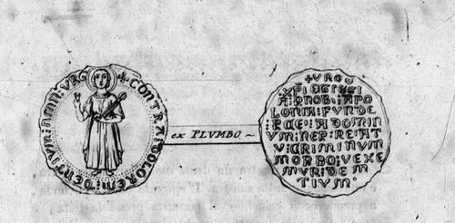 Fig 1 Drawing of a lead medallion of Saint Apollonia. Image reproduced from Caronni (Citation1812). (For transcription and translation of text, see Appendix 1).
