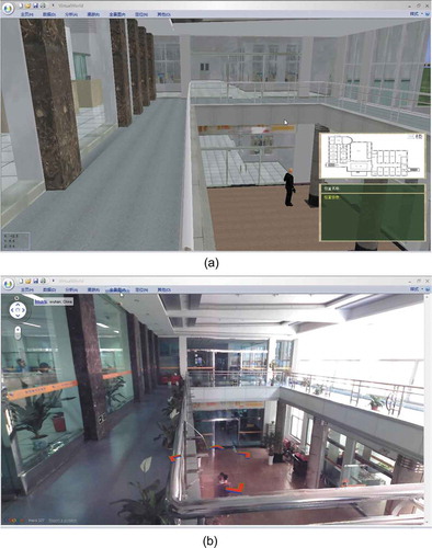 Figure 12. (a) 3D models visualization, and (b) 3D models and panoramic integration visualization.