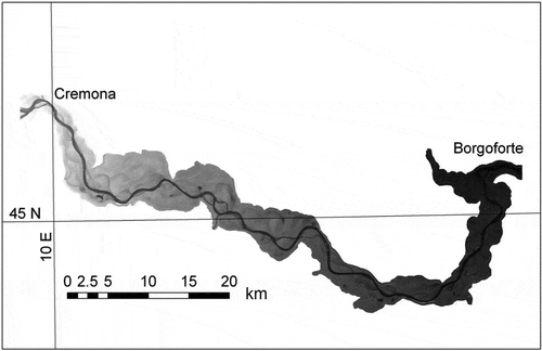 Fig. 2 Po River, Italy, between Cremona and Borgoforte. LiDAR topography (grey scale) is shown.