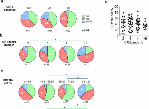 Figure 3. Lower KIR ligand numbers and peripheral blood KIR− NK cell frequency are good prognostic markers of rituximab responses in lymphoma patients. (a) Pie charts representing the distribution of lymphoma patients (n = 74) following clinical outcome (CR, PR, and SD/PD) and CD16 polymorphism (VV, VF, and FF). (b) Pie charts representing the distribution of lymphoma patients following clinical outcome (CR, PR, and SD/PD) and the number of KIR ligands (2, 3, 4 or ≥5). (c) Pie charts representing the distribution of lymphoma patients following clinical outcome (CR, PR, and SD/PD) and the KIR− NK cell frequency (≤ 44.5, 44.5–56.80, 56.80–71.80 and ≥ 71.80). (d) KIR+ NK cell frequencies following the number of KIR ligands for all lymphoma patients. The green and blue lines determine the significant difference between 2 groups for CR and SD/PD outcomes *p < .05