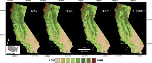 Figure 2. Example of Moderate Resolution Imaging Spectroradiometer (MODIS) monthly maximum-value composite normalized difference vegetation index (NDVI) values for 4 months in 2014.