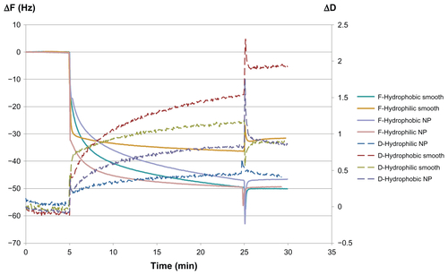 Figure S3 Representative QCM-D graph showing ΔF and ΔD for the adsorption of human IgG (100 μg/mL) for 20 minutes on hydrophilic and hydrophobic smooth and nanostructured gold surfaces. After 5 minutes of baseline with carrier buffer, IgG was introduced. After 20 minutes of adsorption of the protein, a 5-minute rinse with carrier buffer was performed. Note the ΔD when both nanostructured and smooth surfaces are hydrophobized, interpreted here as a higher degree of denaturation of the adsorbed protein.Abbreviations: ΔF, change in resonance frequency; ΔD, change in dissipation; IgG, immunoglobulin G; NP, nanoparticle; QCM-D, quartz crystal microbalance with dissipation monitoring.