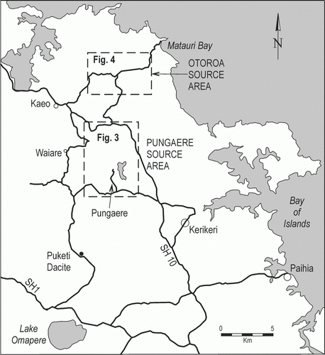 Figure 2  Map of the Kerikeri-Kaeo area showing the location of obsidian source areas and Puketi Dacite.