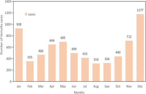 Figure 2. Monthly distribution of reported varicella cases in children born 2012–2020.