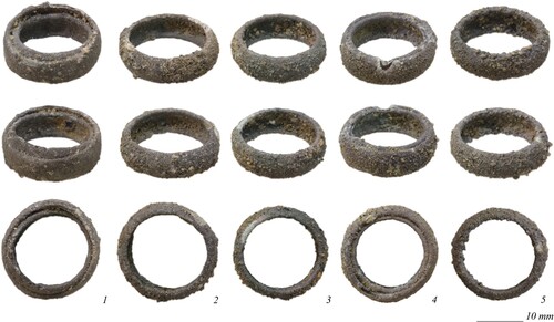 Figure 9. Silver rings from Tomb N1-3 (BE21-144-014-028_F571 not illustrated): 1) rings BE21-144-014-019_F304; 2) ring BE21-144-014-027_F471; 3) ring BE21-144-014-027_F472; 4) rings BE21-144-014-028_F566; 5) ring BE21-144-014-033_F600 (photographs by J. Then-Obłuska and the Berenike Project).