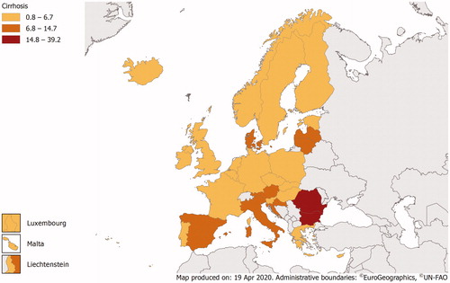 Figure 3. Age-standardised mortality rates per 100,000 population from cirrhosis (ICD-10 codes K74.3–K74.6) in the EU/EEA countries in 2015.