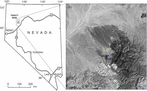 Figure 2. Trinity Mine location (a) and Landsat Thematic Mapper (TM) overview image (b). Grey-scale image is Landsat TM band 3 (0.66 μm). The Trinity Mine area is colour coded according to Landsat-mapped mineralogy: blue, clay; green, iron oxides; yellow to red, mixture of clay and iron oxides. Note: Arcuate features to the east of the mine are suggestive of a possible intrusive complex.